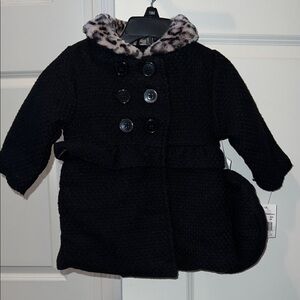 NWT Black Double-Breasted Kids Coat with Leopard Print Collar & Matching Hat 18M